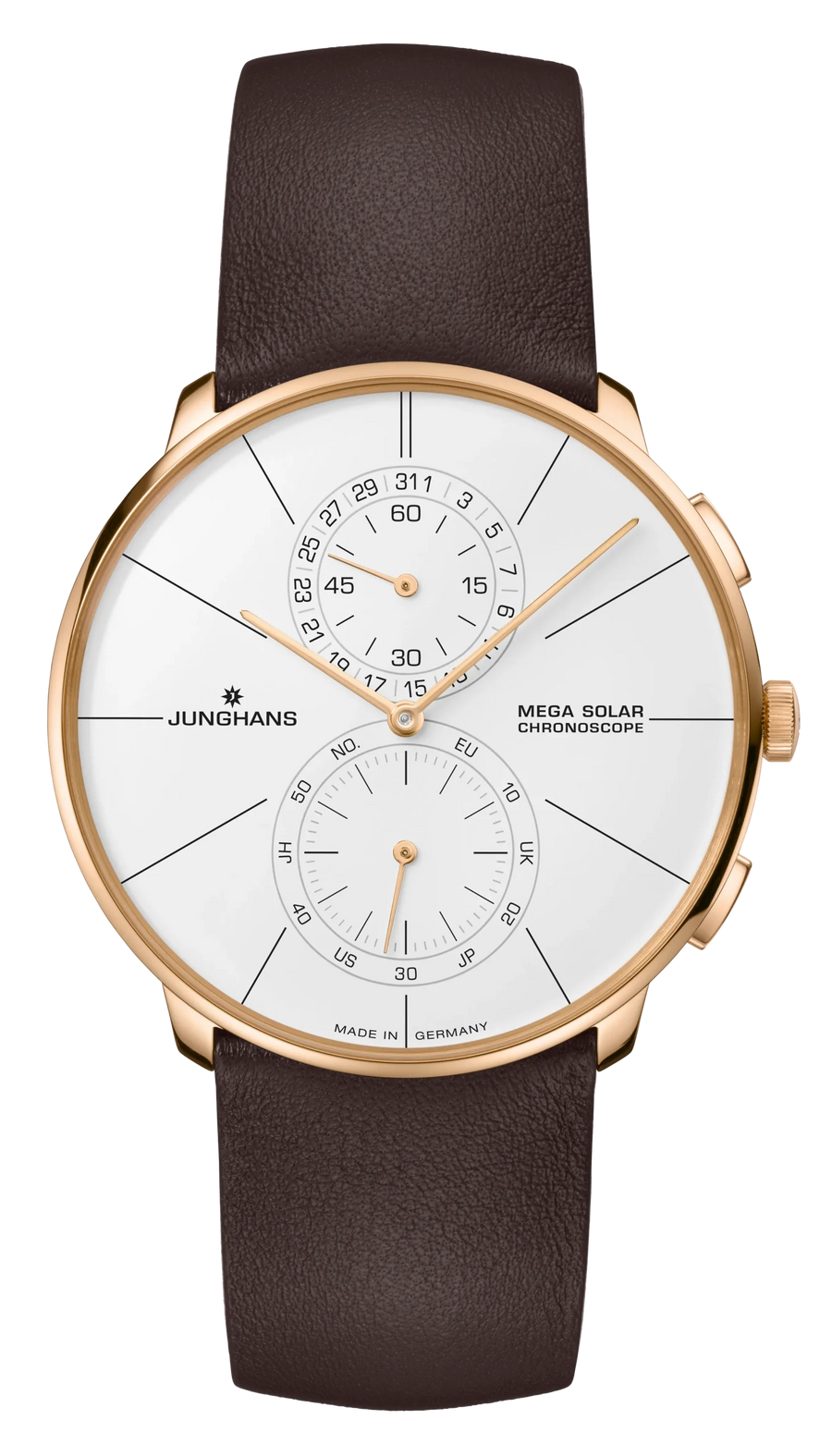 Junghans Meister fein Chronoscope MEGA Solar 39,5mm 59/7201.00 - Zifferblatt Weiß, Armband Leder