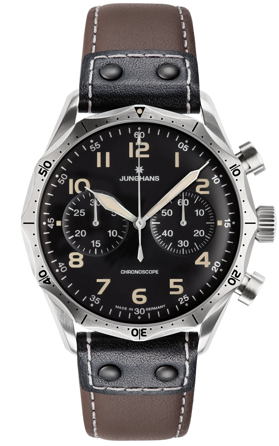 Junghans Pilot Chronoscope 43,3mm 27/3591.00 - Zifferblatt Schwarz, Armband Leder